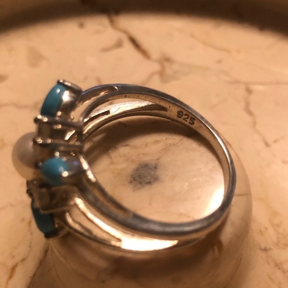 VTG Sterling Faux Turquoise Pearl White Cz Stone Flower Floral Ring Sz 8.75 - Picture 7 of 9